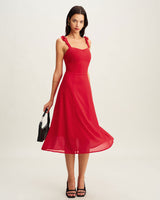 Red Sweetheart Neck Tie Strap Midi Dress - Threadford
