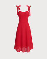 Red Sweetheart Neck Tie Strap Midi Dress - Threadford