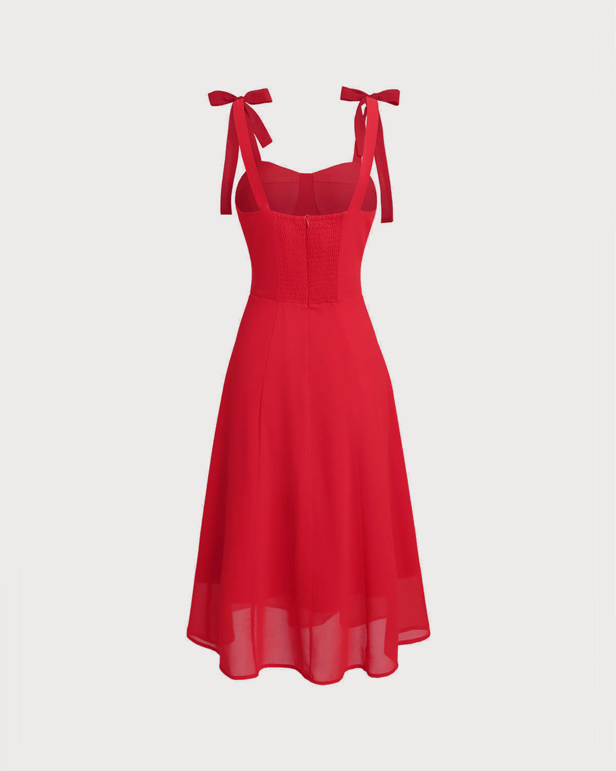 Red Sweetheart Neck Tie Strap Midi Dress - Threadford