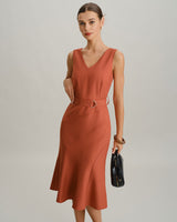 Red V Neck Mermaid Sleeveless Midi Dress - Threadford