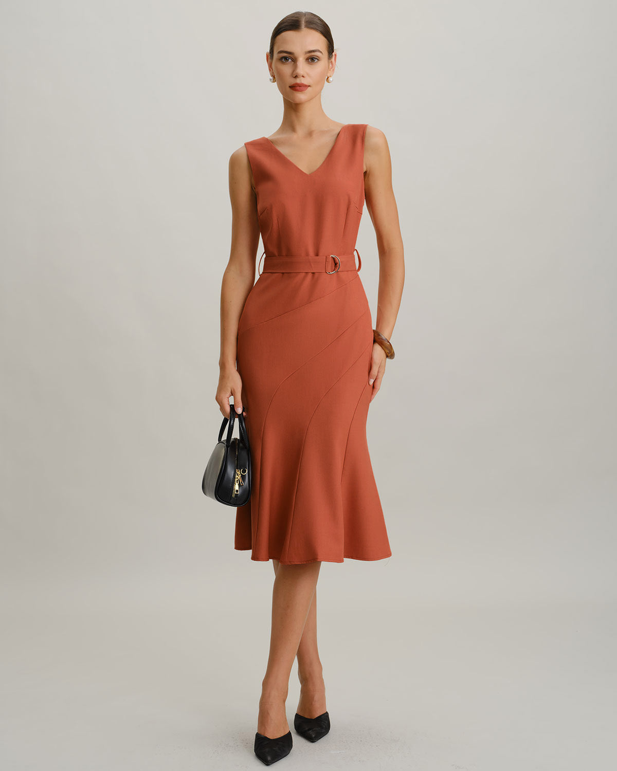 Red V Neck Mermaid Sleeveless Midi Dress - Threadford