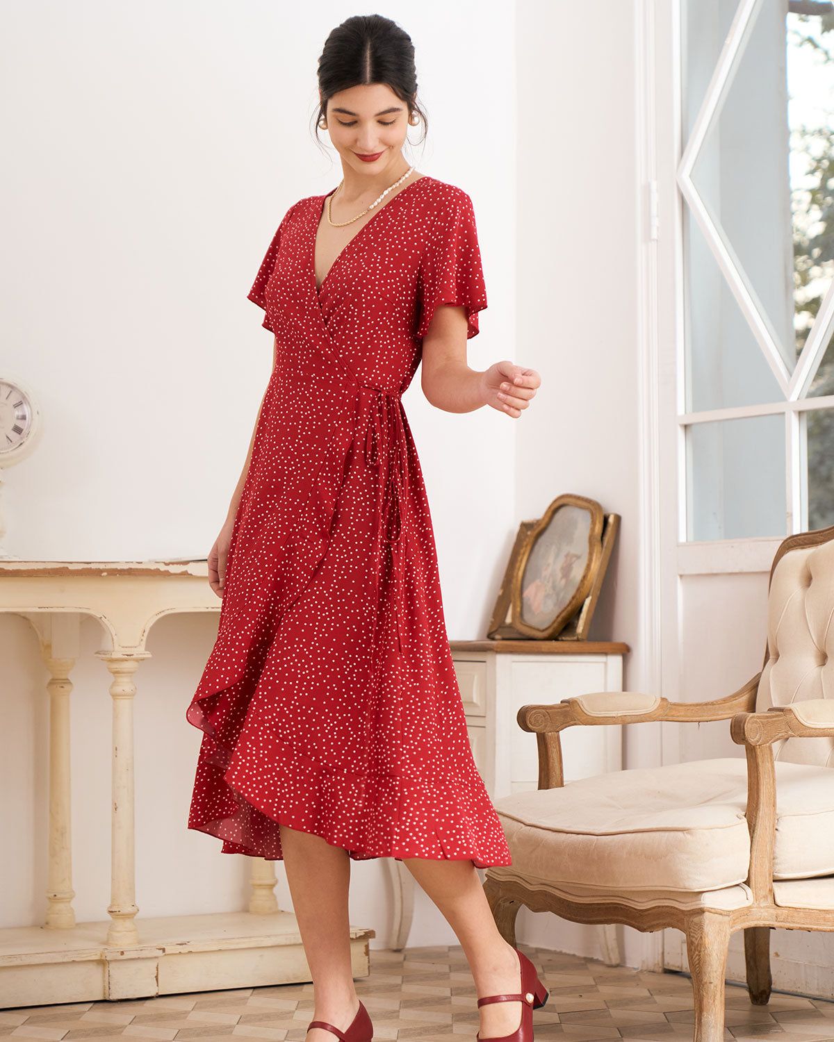 The Polka Dot Ruffle Wrap Dress - Threadford
