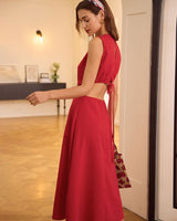 The Red Round Neck Cut-Out Midi Dress - Threadford