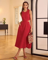 The Red Round Neck Cut-Out Midi Dress - Threadford