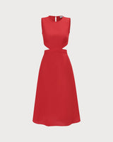 The Red Round Neck Cut-Out Midi Dress - Threadford