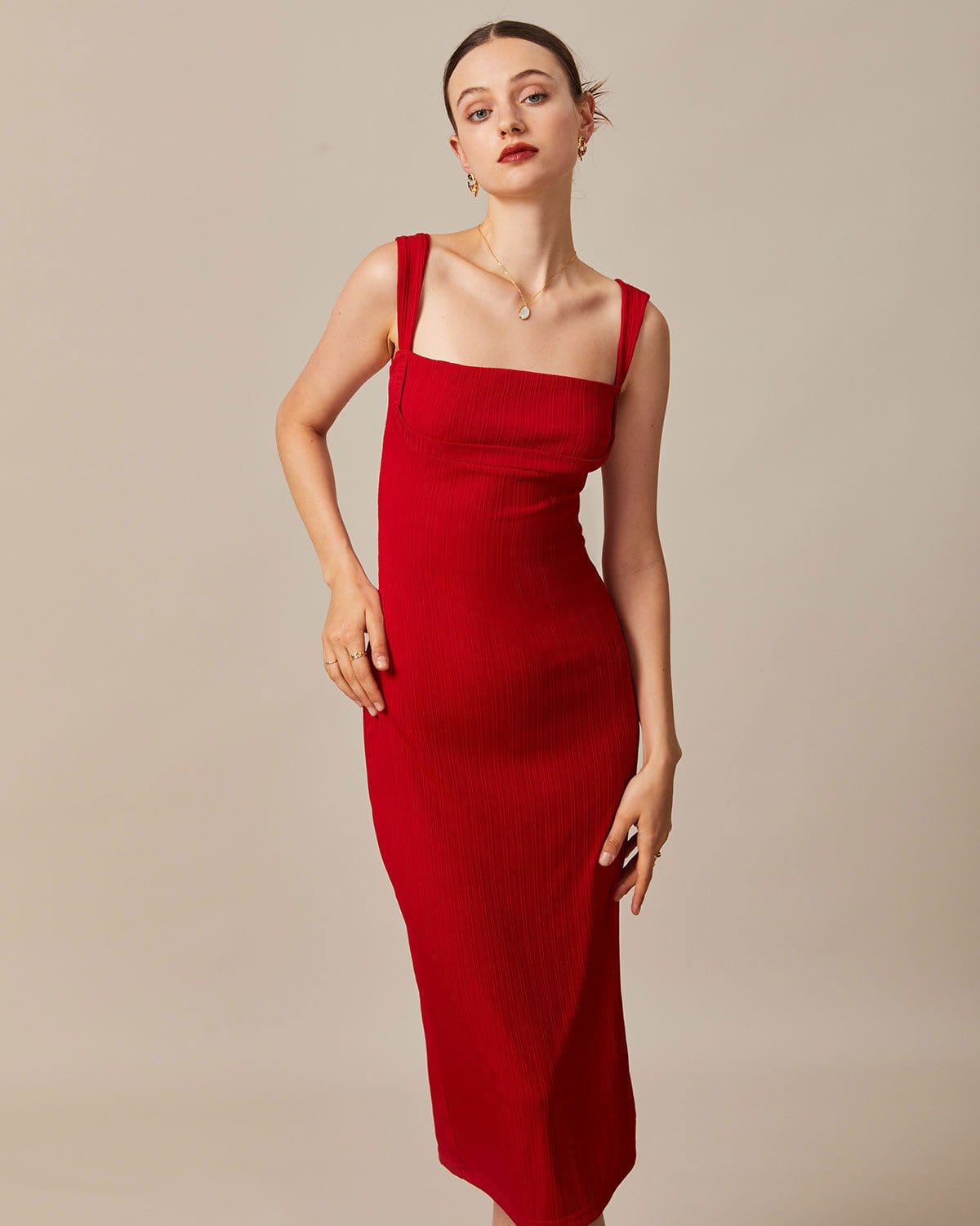 The Red Square Neck Ribbed Midi Dress - Threadford