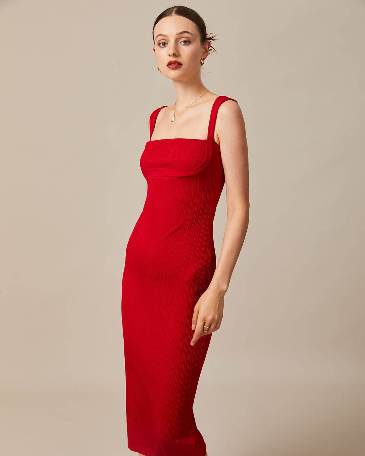 The Red Square Neck Ribbed Midi Dress - Threadford