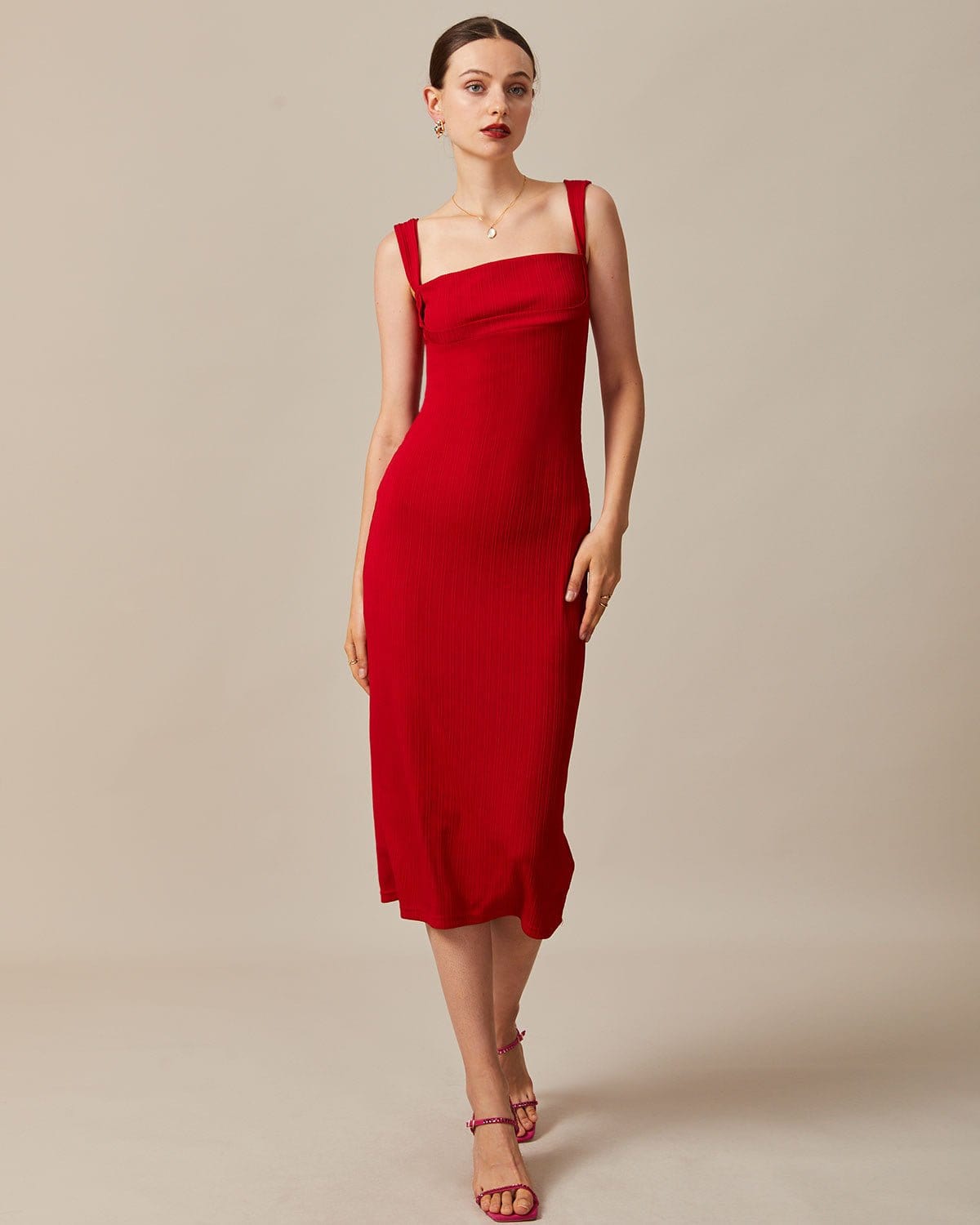 The Red Square Neck Ribbed Midi Dress - Threadford
