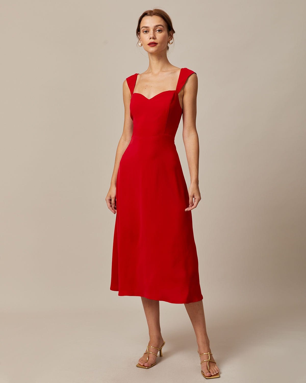 The Red Sweetheart Neck Cap Sleeve Midi Dress - Threadford