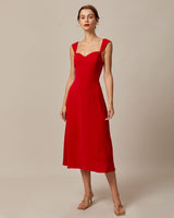 The Red Sweetheart Neck Cap Sleeve Midi Dress - Threadford
