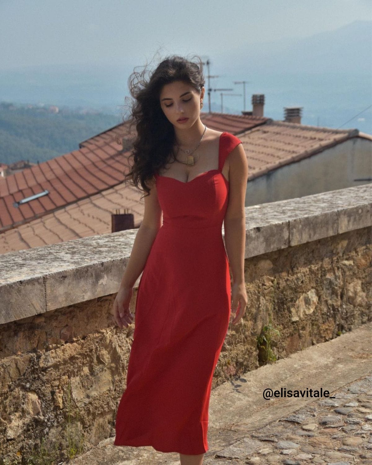 The Red Sweetheart Neck Cap Sleeve Midi Dress - Threadford