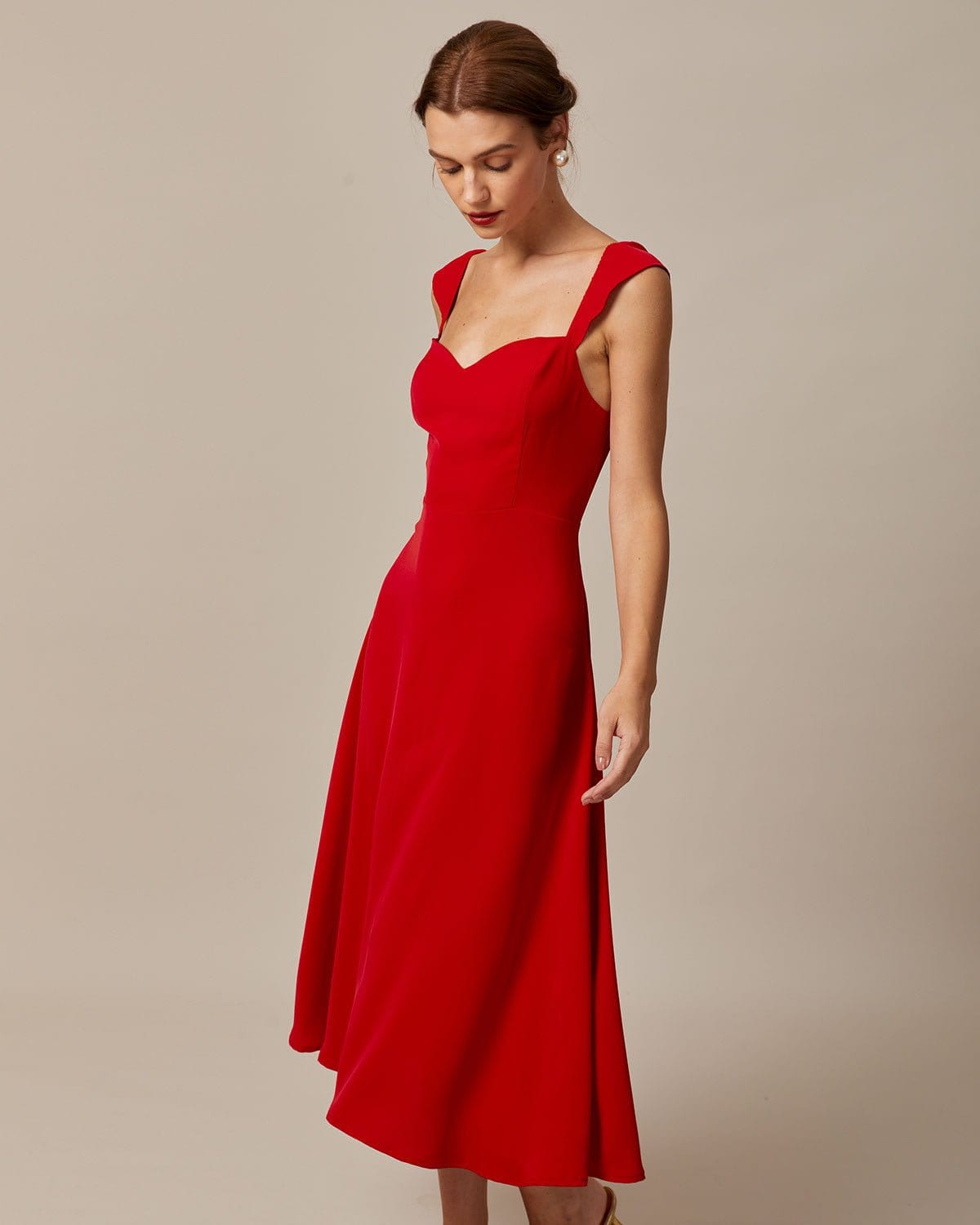 The Red Sweetheart Neck Cap Sleeve Midi Dress - Threadford
