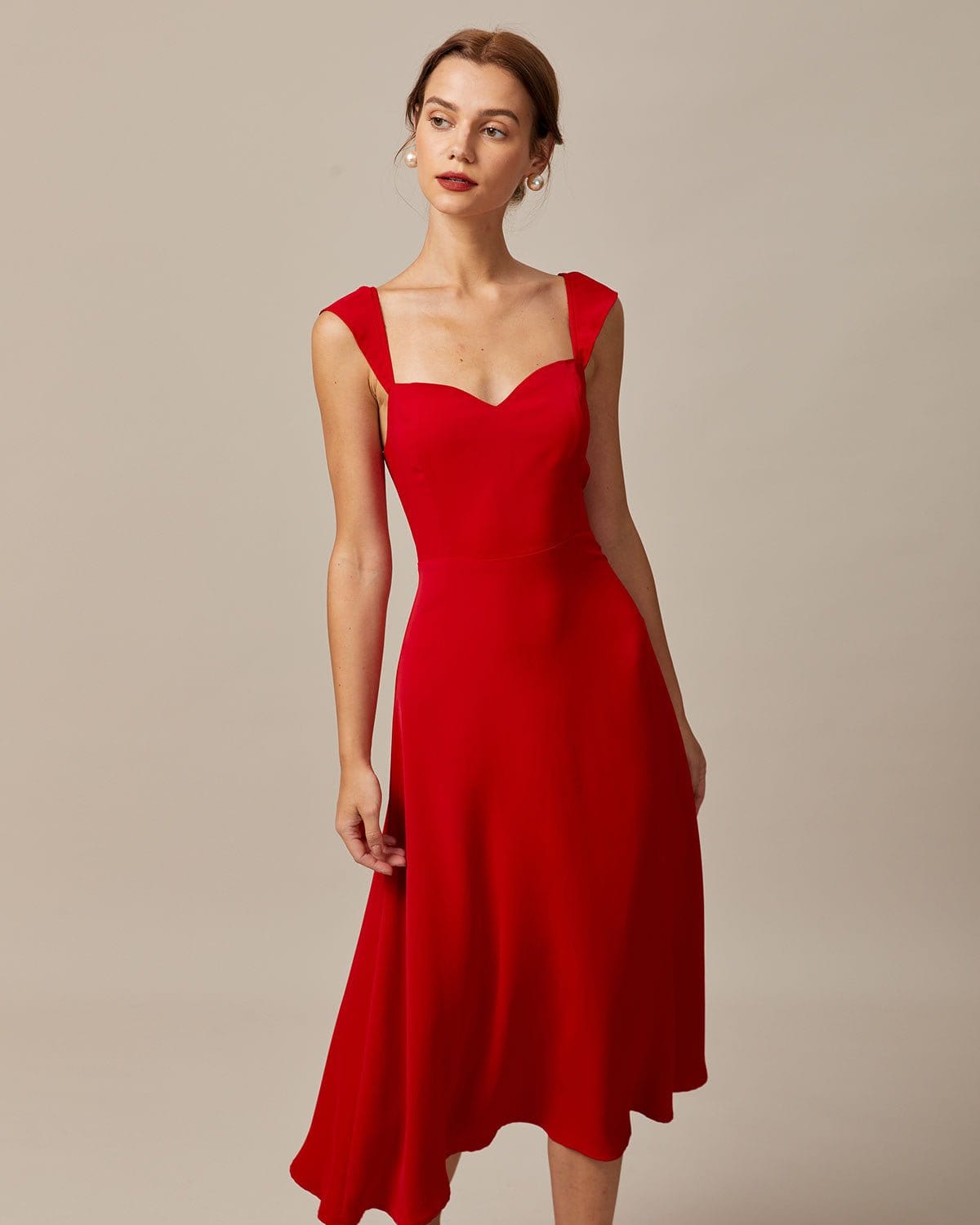 The Red Sweetheart Neck Cap Sleeve Midi Dress - Threadford