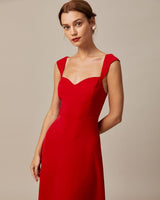 The Red Sweetheart Neck Cap Sleeve Midi Dress - Threadford