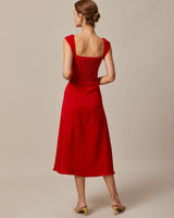 The Red Sweetheart Neck Cap Sleeve Midi Dress - Threadford