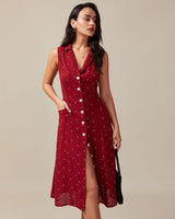 The Red V Neck Polka Dot Tie Back Midi Dress - Threadford