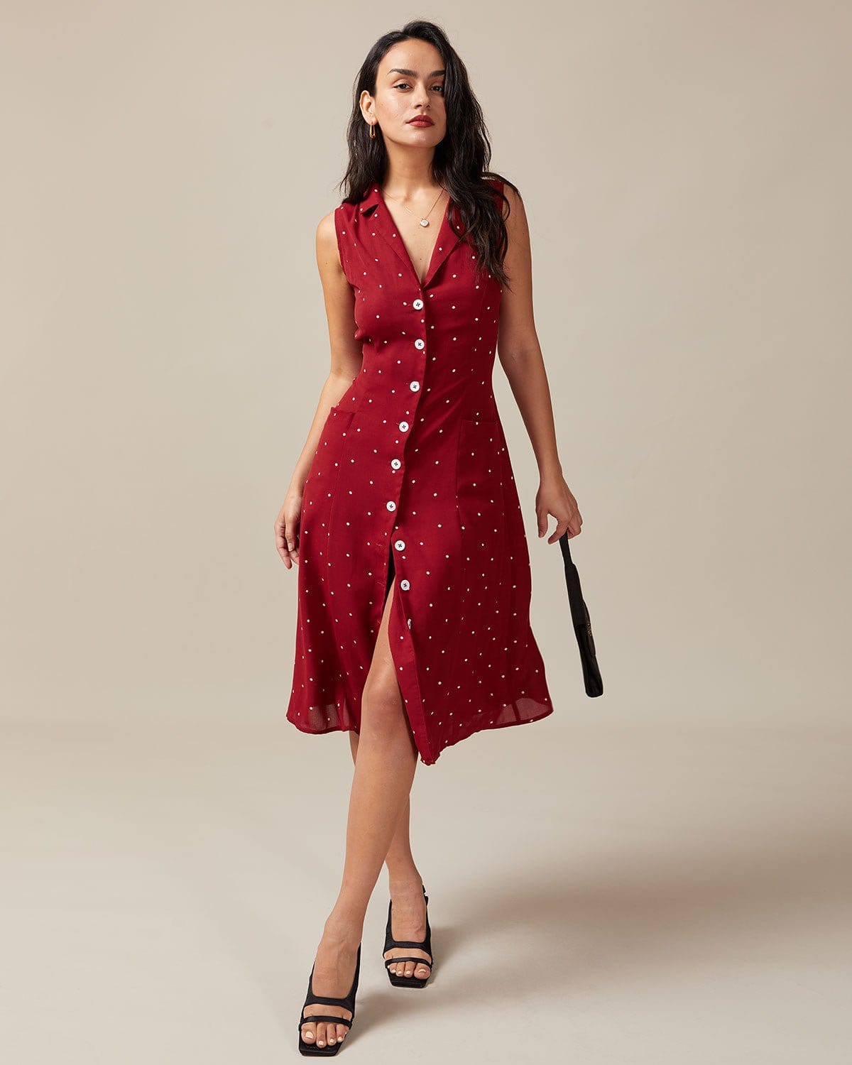 The Red V Neck Polka Dot Tie Back Midi Dress - Threadford