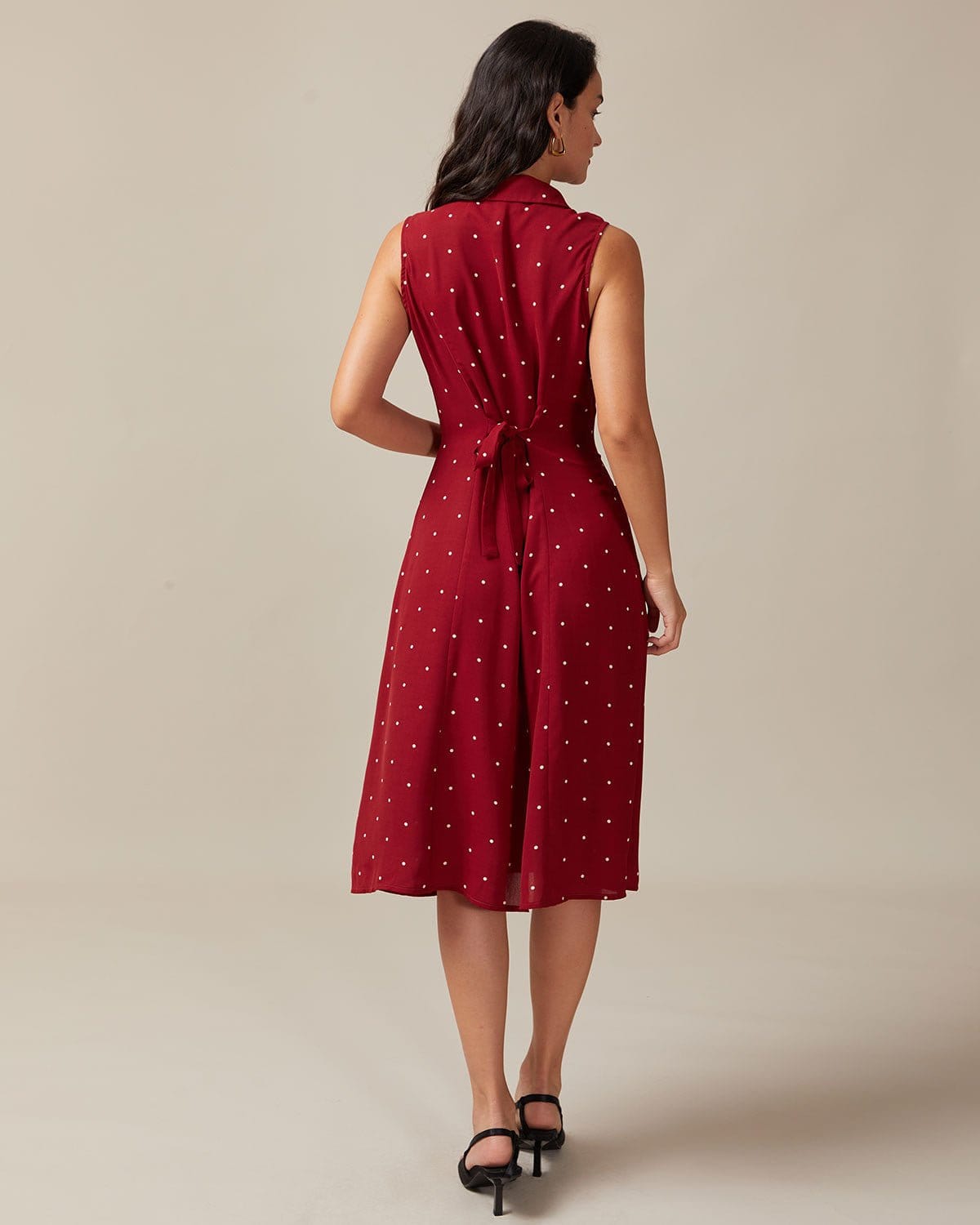 The Red V Neck Polka Dot Tie Back Midi Dress - Threadford