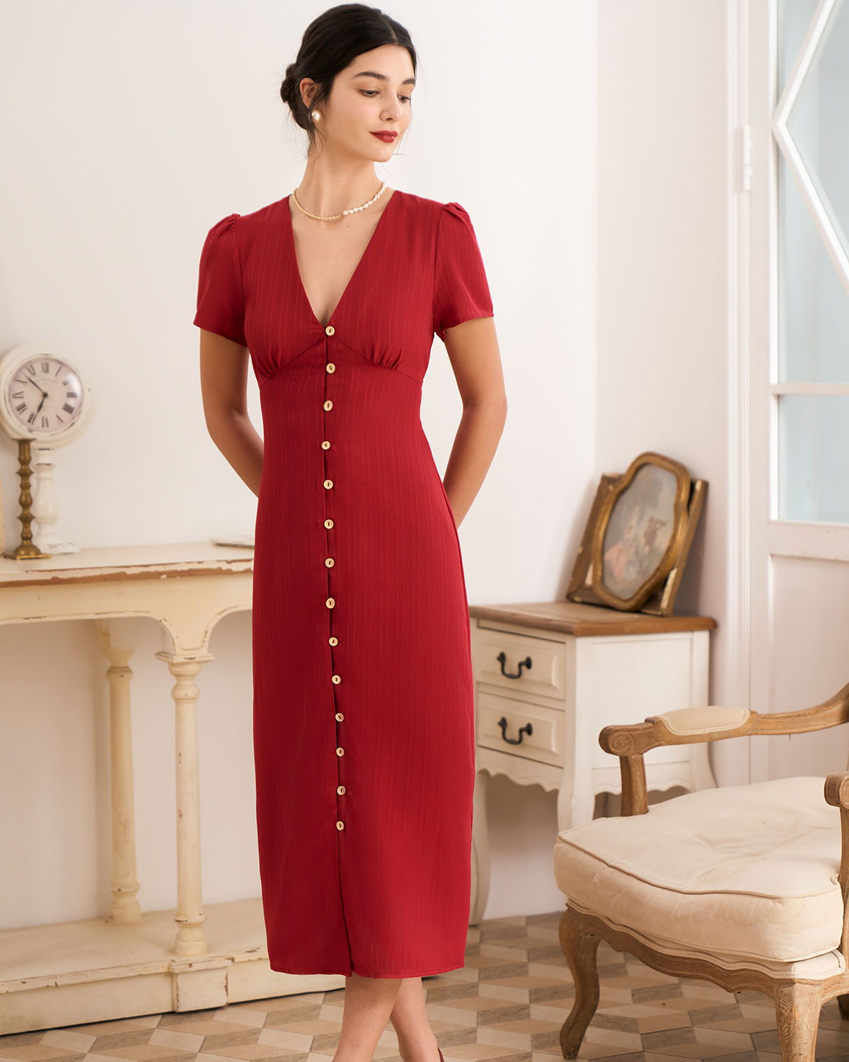The Red V Neck Shirred Puff Sleeve Midi Dress - Threadford