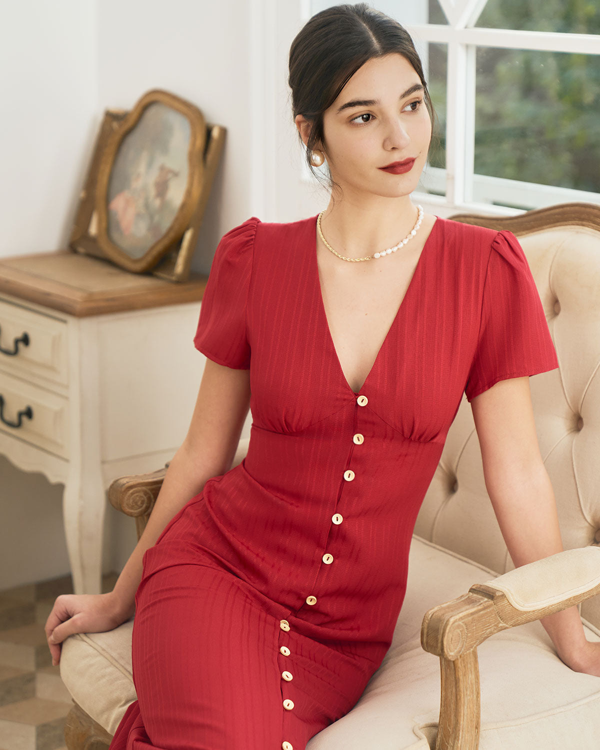 The Red V Neck Shirred Puff Sleeve Midi Dress - Threadford