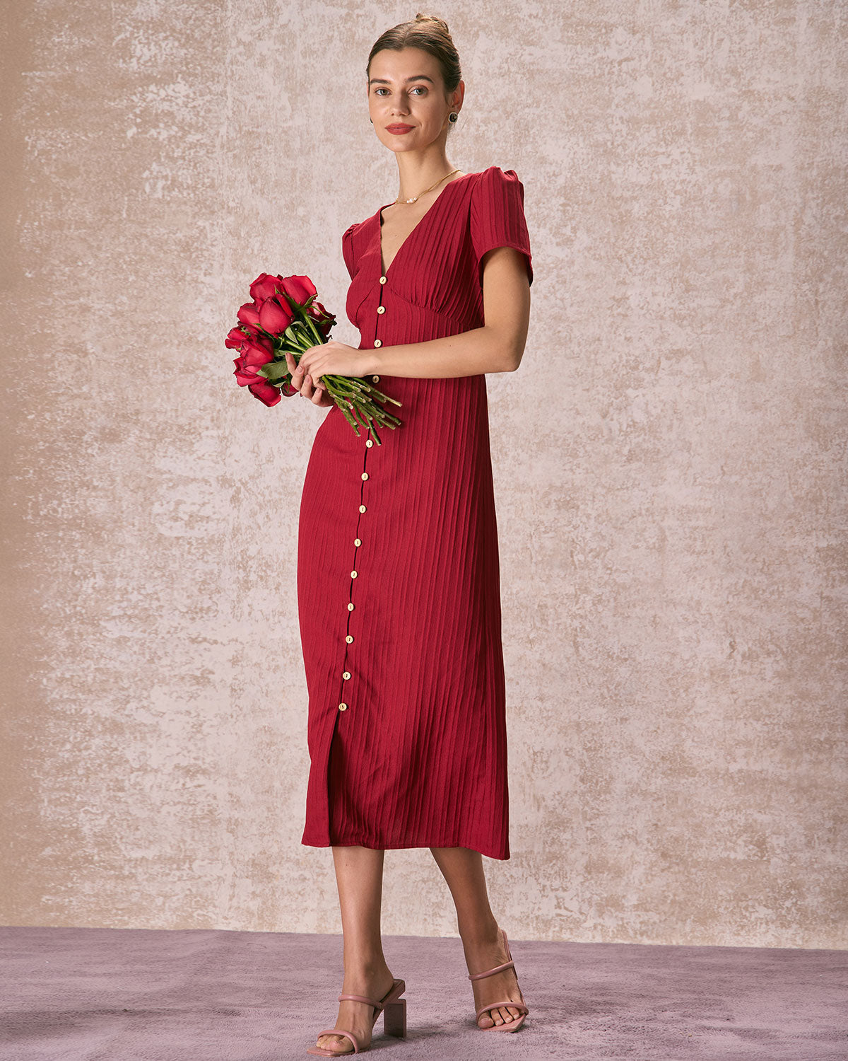 The Red V Neck Shirred Puff Sleeve Midi Dress - Threadford