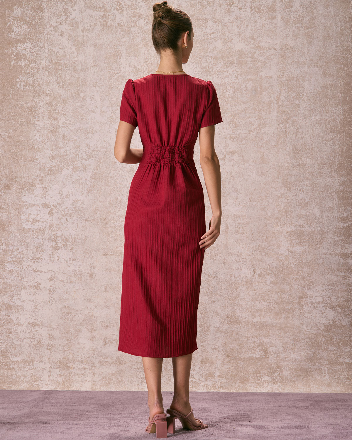 The Red V Neck Shirred Puff Sleeve Midi Dress - Threadford