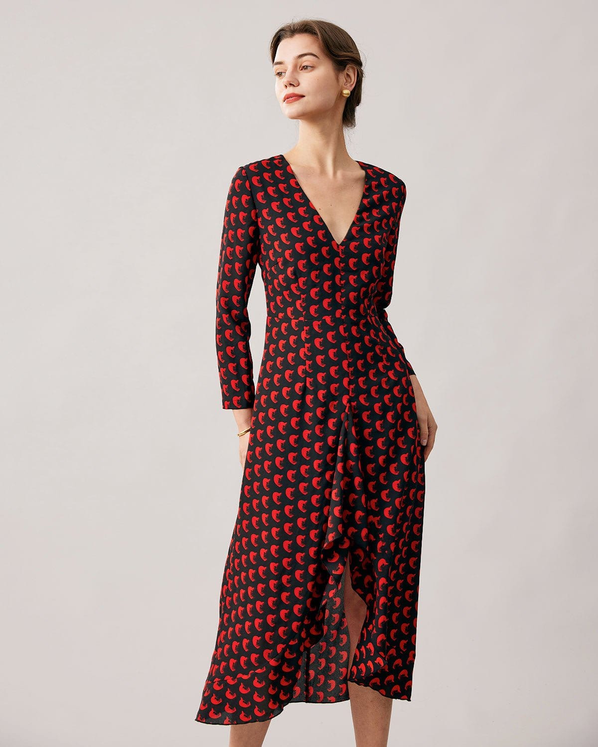 The Red V Neck Slit Long Sleeve Midi Dress - Threadford