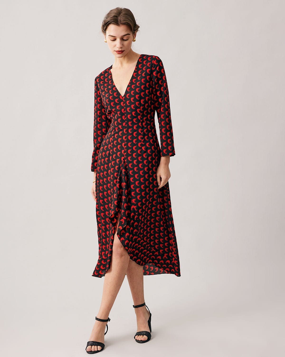 The Red V Neck Slit Long Sleeve Midi Dress - Threadford
