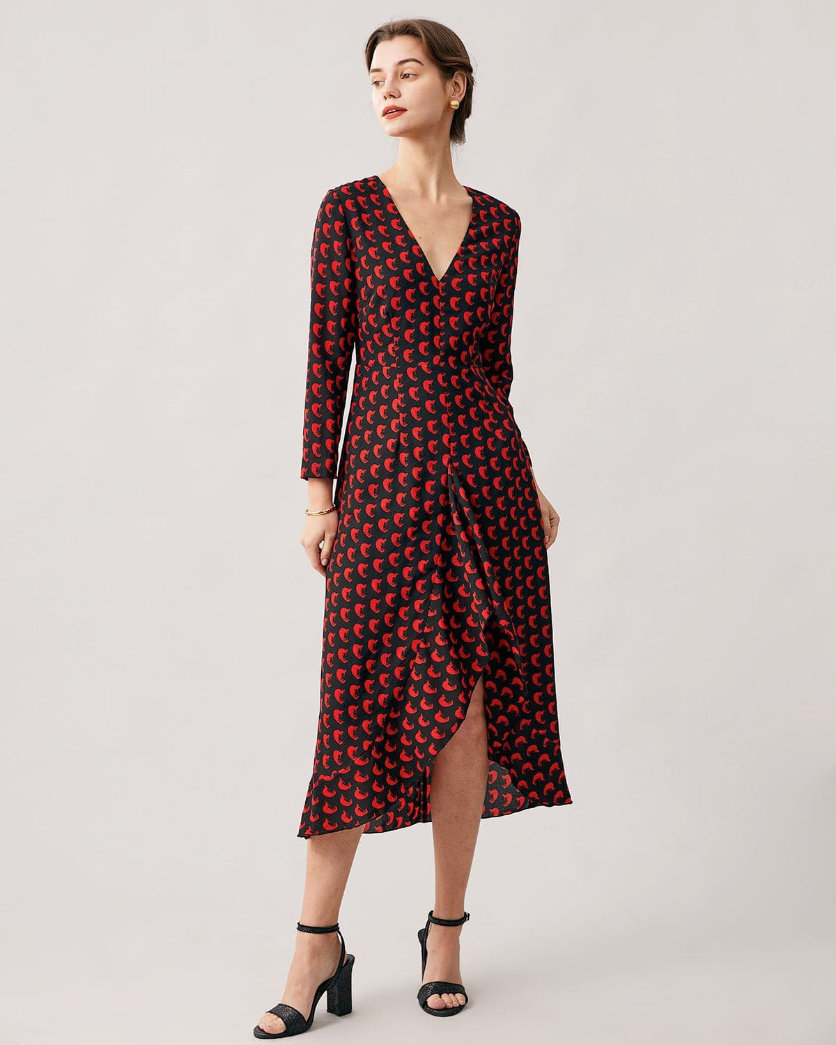 The Red V Neck Slit Long Sleeve Midi Dress - Threadford