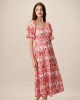 Women's Geometric Embroidery Ruffle Cotton Midi Dress - Threadford