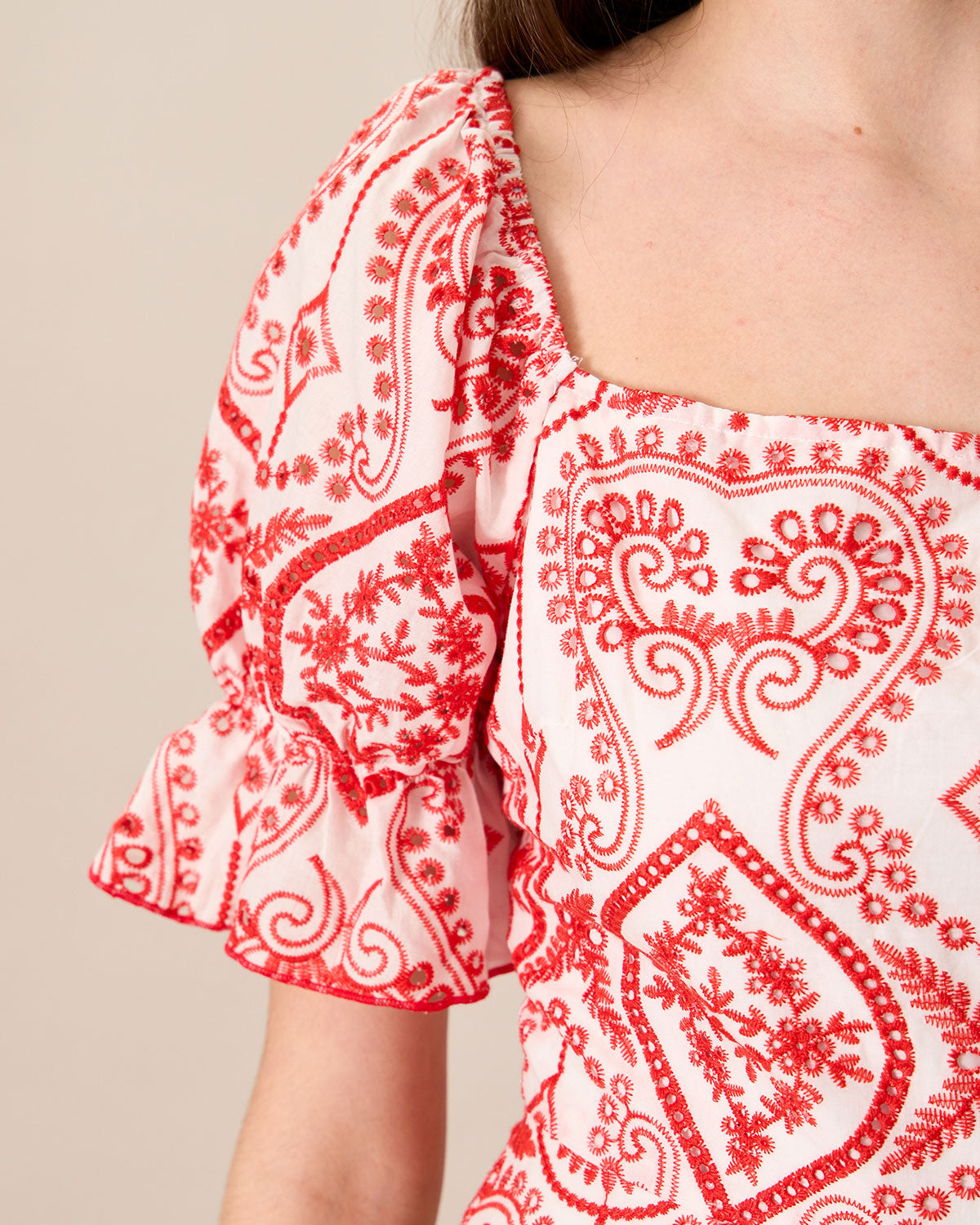 Women's Geometric Embroidery Ruffle Cotton Midi Dress - Threadford