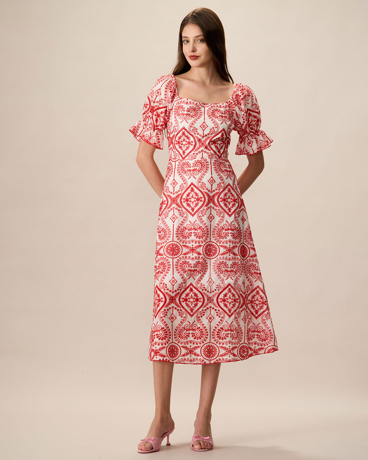 Women's Geometric Embroidery Ruffle Cotton Midi Dress - Threadford