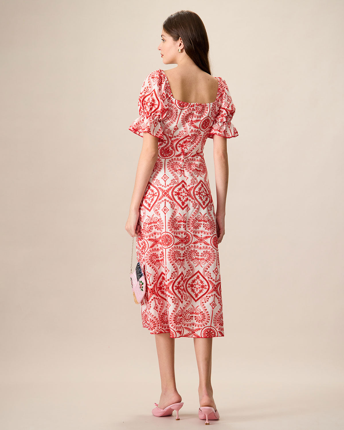 Women's Geometric Embroidery Ruffle Cotton Midi Dress - Threadford