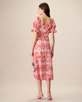 Women's Geometric Embroidery Ruffle Cotton Midi Dress - Threadford