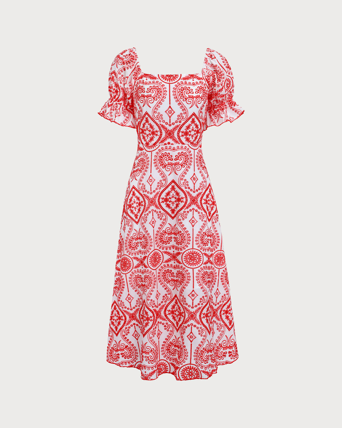 Women's Geometric Embroidery Ruffle Cotton Midi Dress - Threadford
