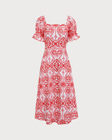 Women's Geometric Embroidery Ruffle Cotton Midi Dress - Threadford