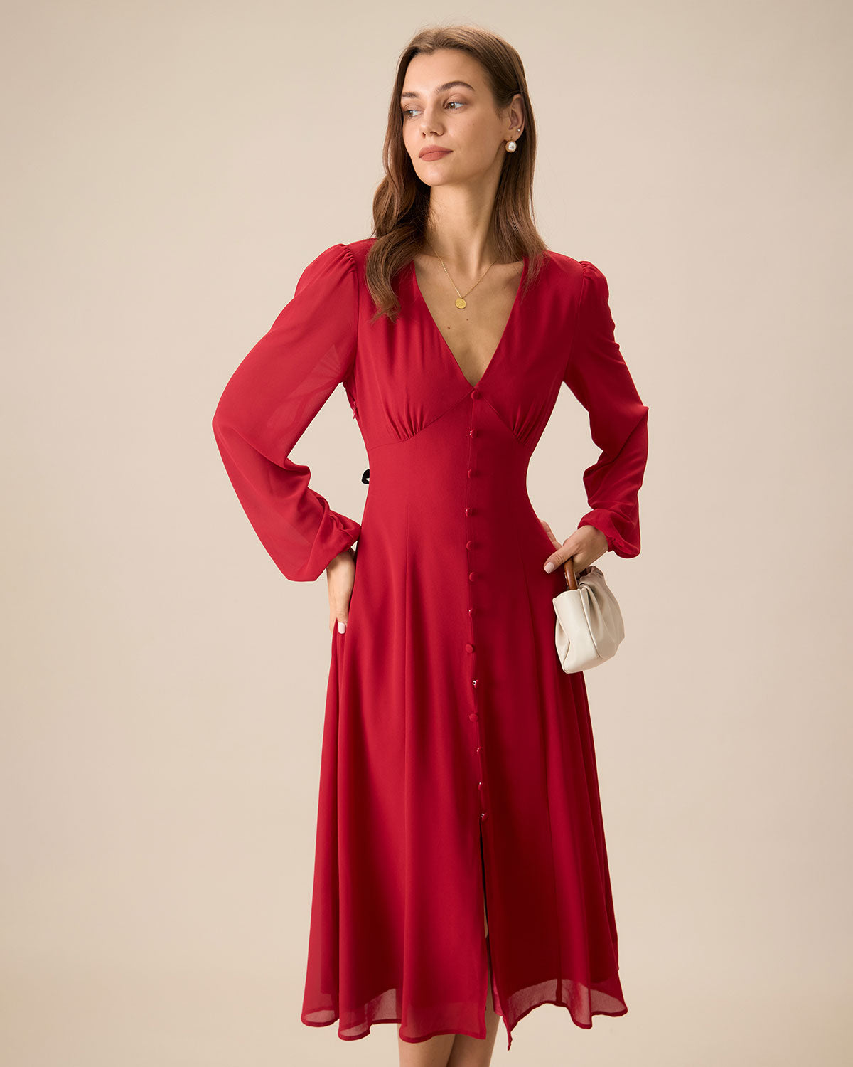 Women's Red V-Neck Puff Sleeve Slit Midi Dress - Threadford