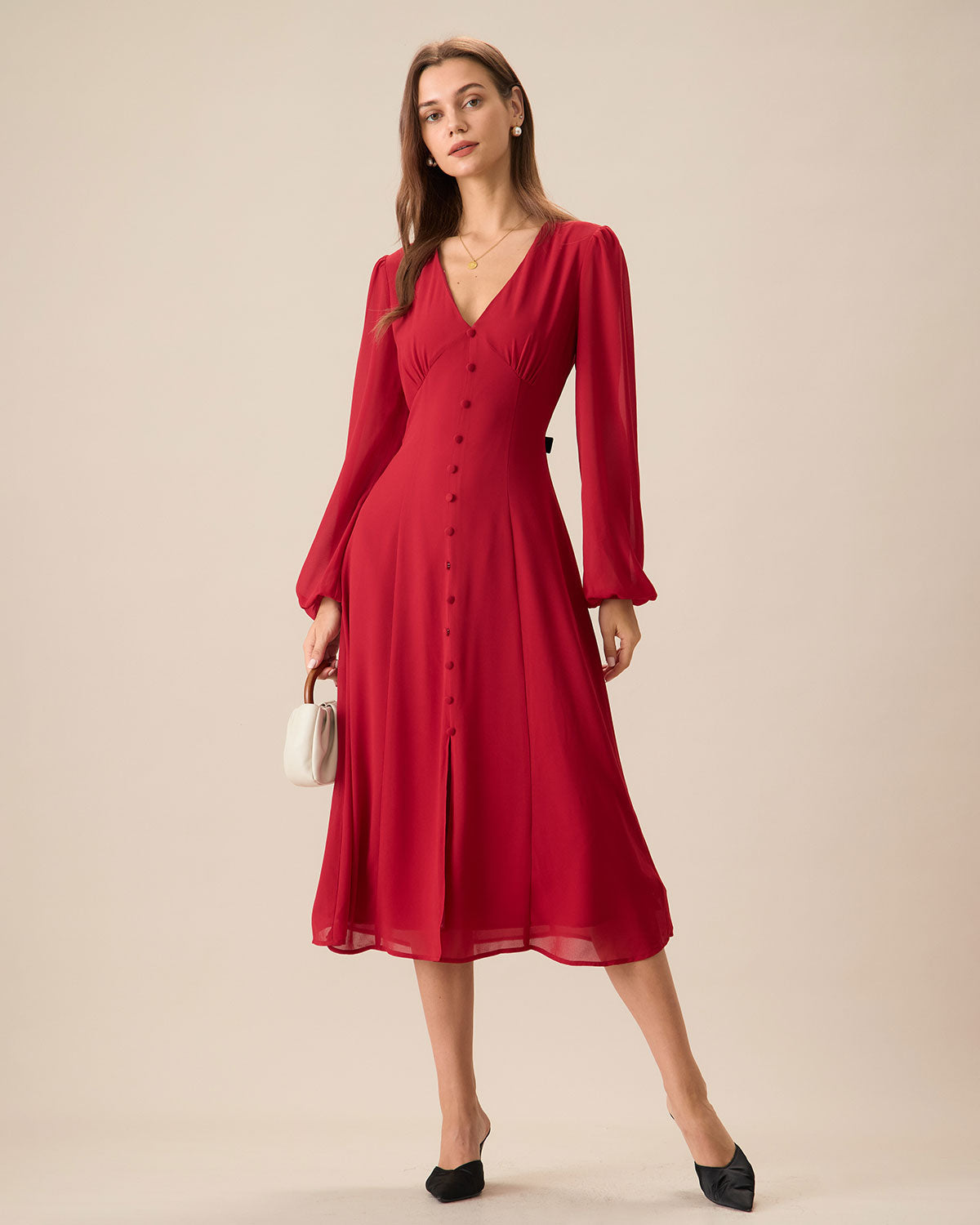 Women's Red V-Neck Puff Sleeve Slit Midi Dress - Threadford