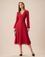 Women's Red V-Neck Puff Sleeve Slit Midi Dress - Threadford