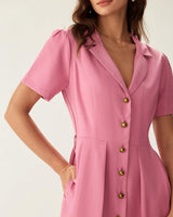 Rose Red V-Neck Button Midi Dress - Threadford