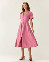 Rose Red V-Neck Button Midi Dress - Threadford