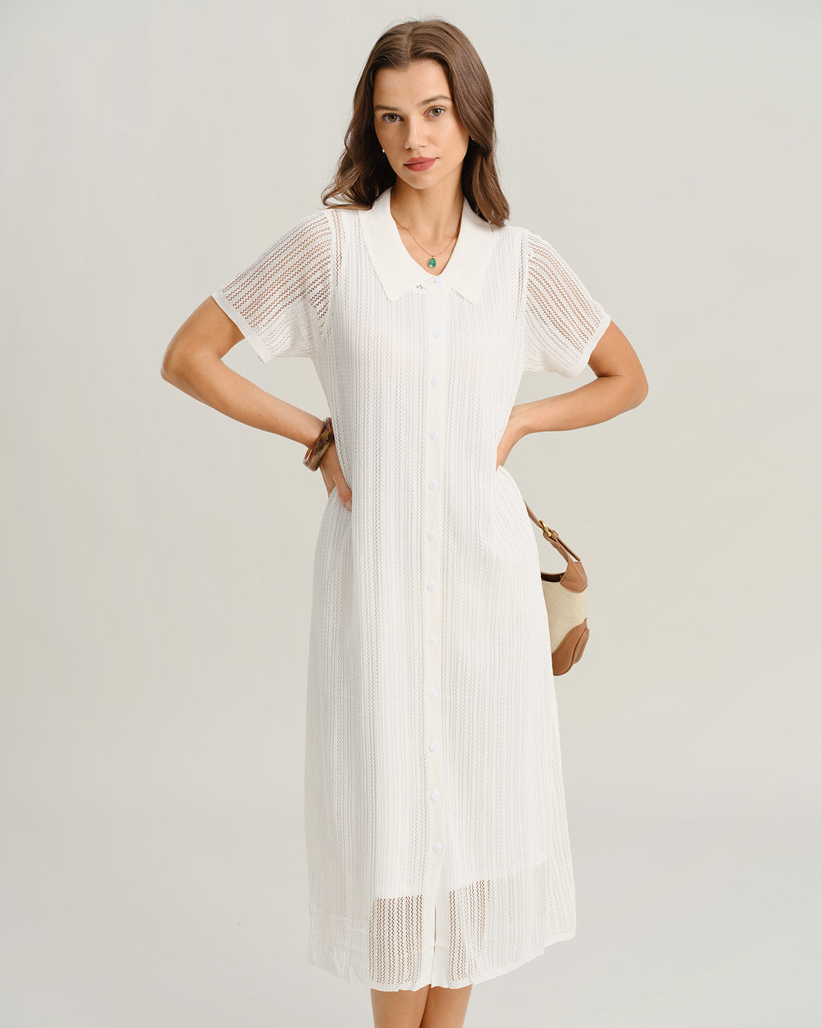 White See Through Button Midi Dress - Threadford