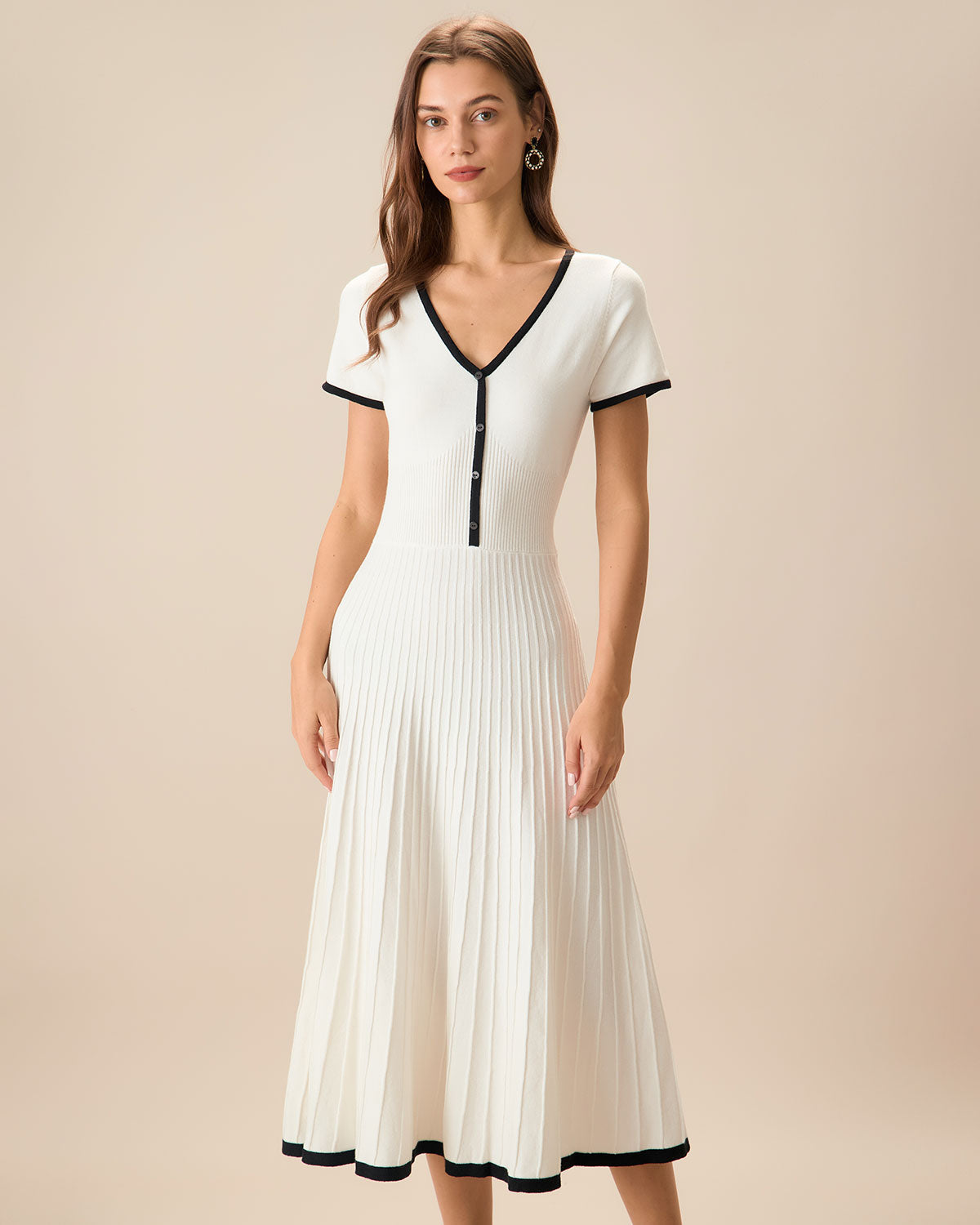 Women's White Contrasting Sweater Midi Dress - Threadford