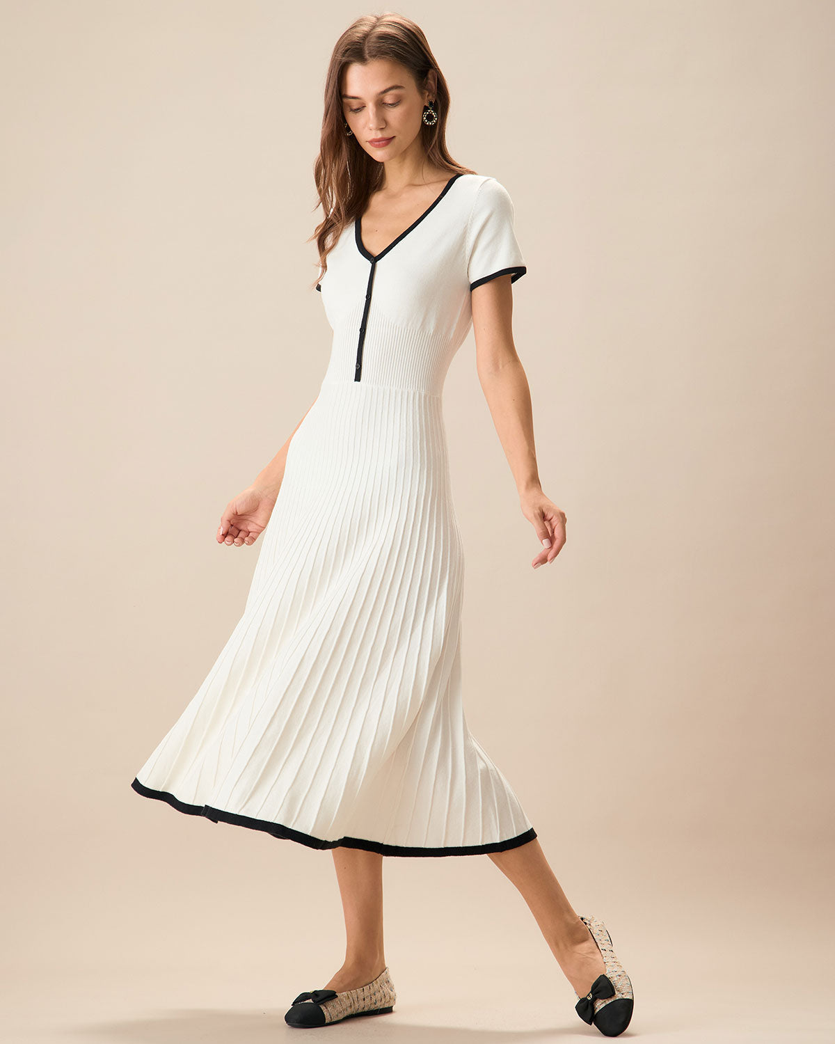 Women's White Contrasting Sweater Midi Dress - Threadford