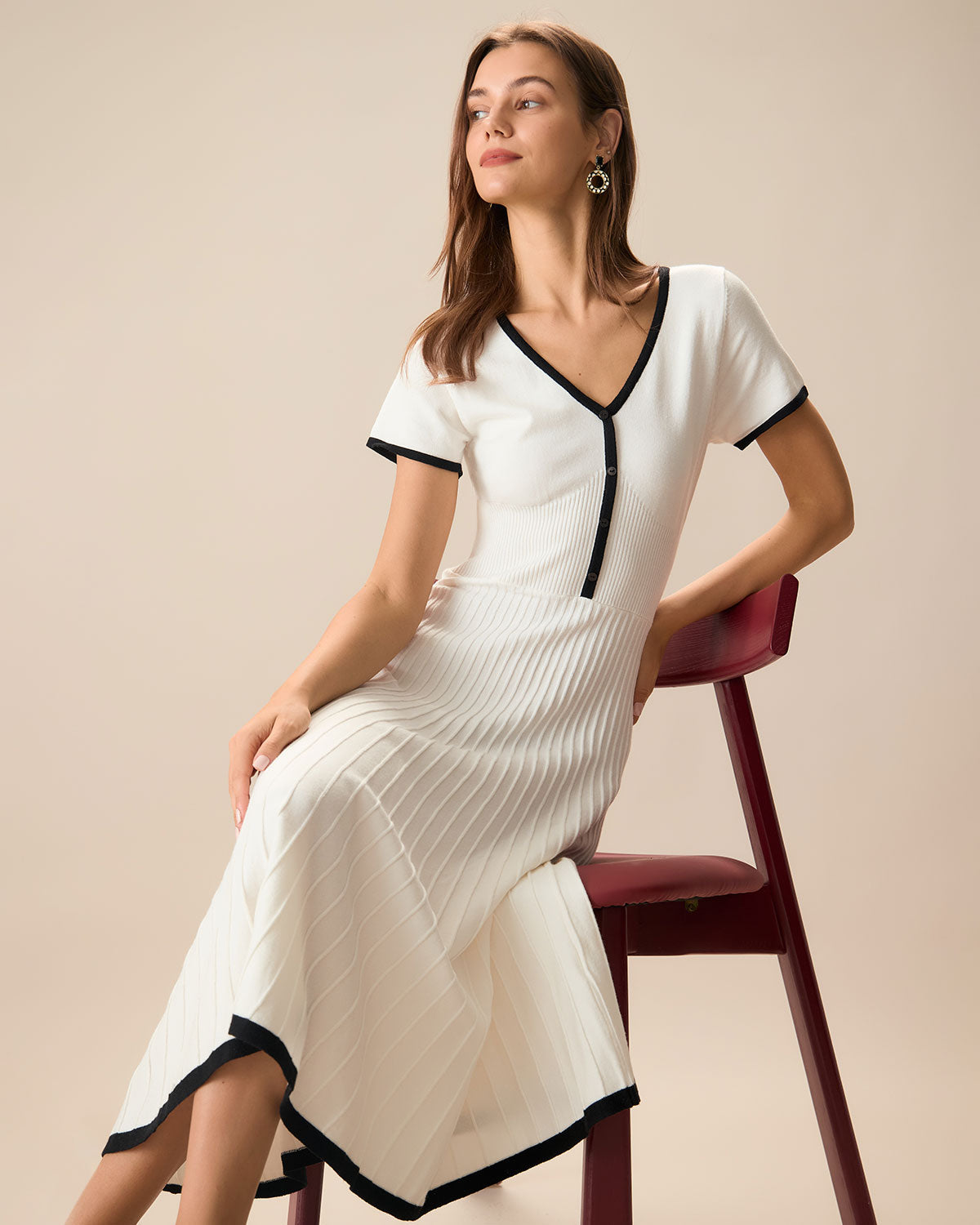 Women's White Contrasting Sweater Midi Dress - Threadford