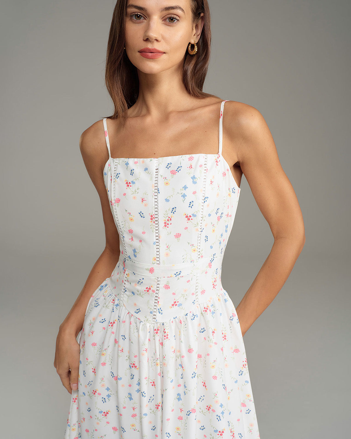 White Floral Slip Midi Dress - Threadford