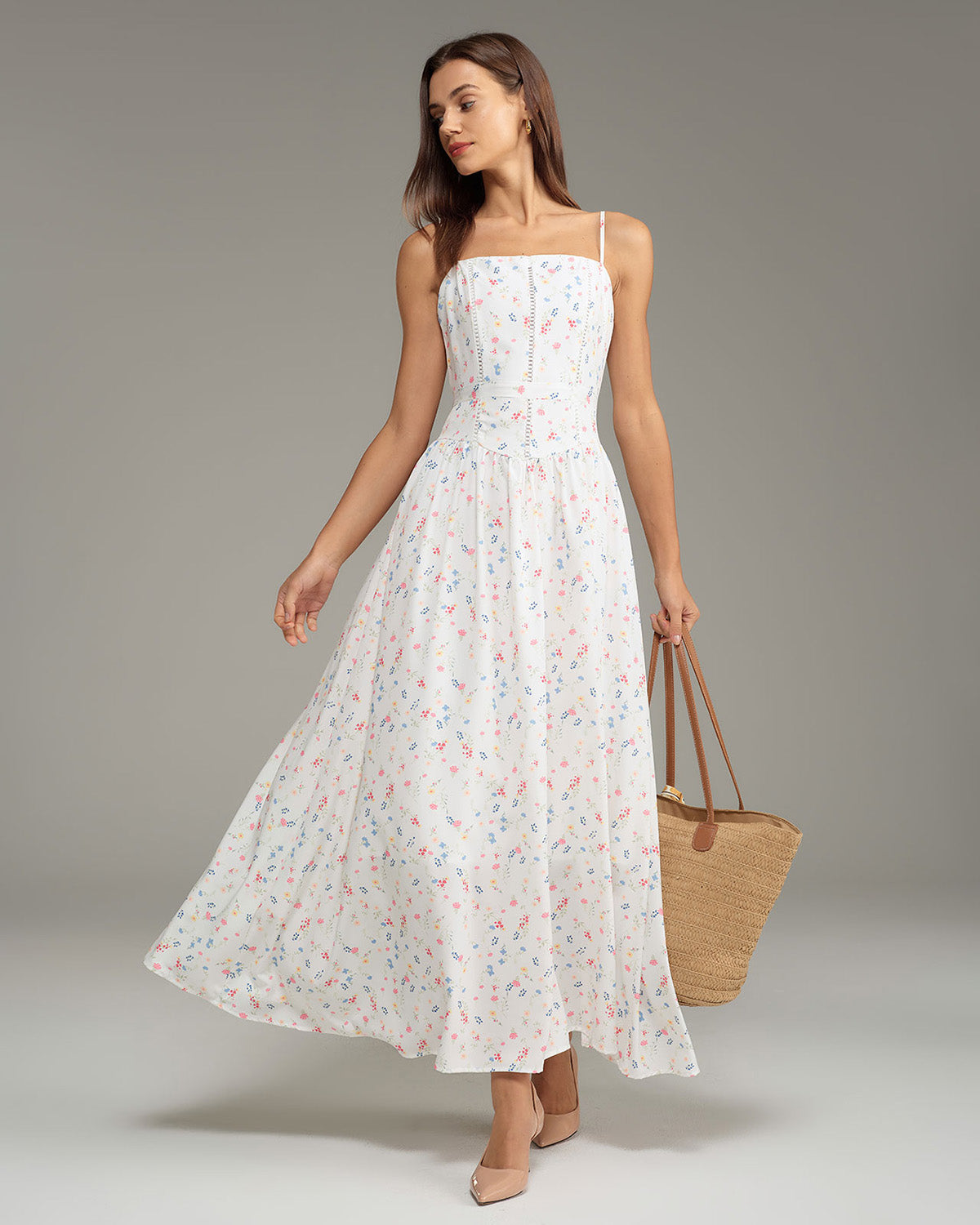 White Floral Slip Midi Dress - Threadford