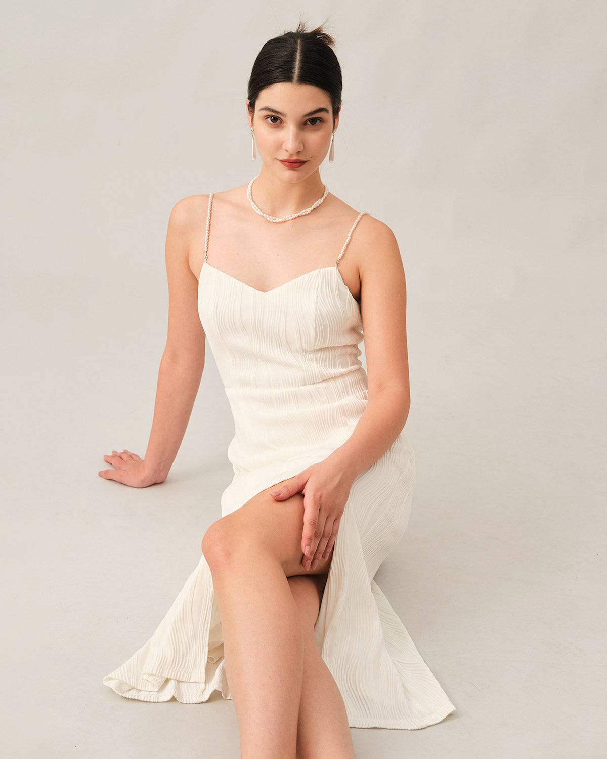 The Wave Textured Pearl Strap Midi Dress - Threadford