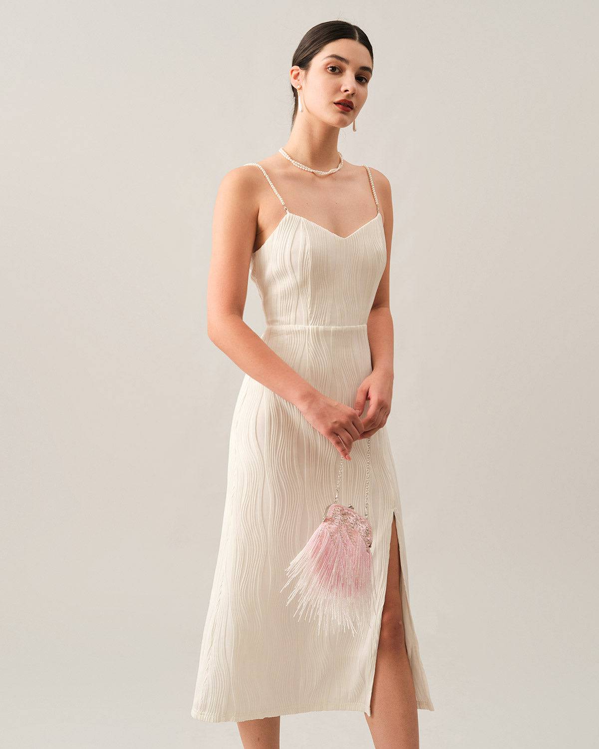 The Wave Textured Pearl Strap Midi Dress - Threadford