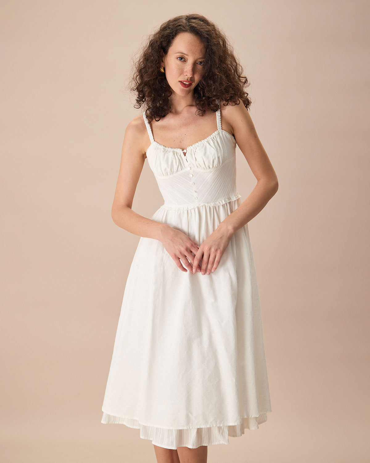 The White Ruched Slip Cotton Midi Dress - Threadford